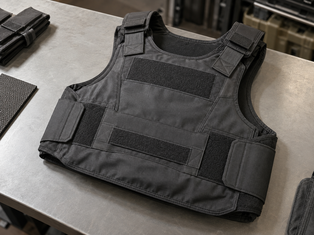 Unbranded body armor equipment on a clean work surface.