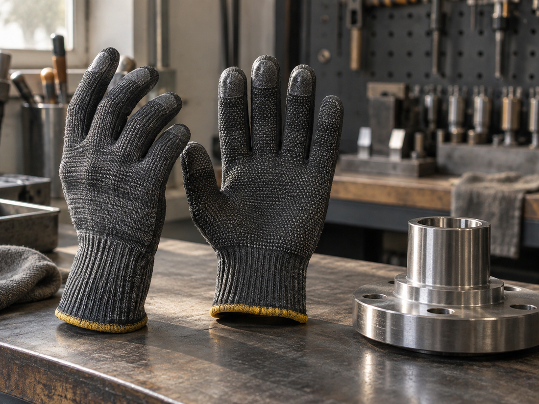 Industrial knit protective glove beside a smooth metal component on a workbench.