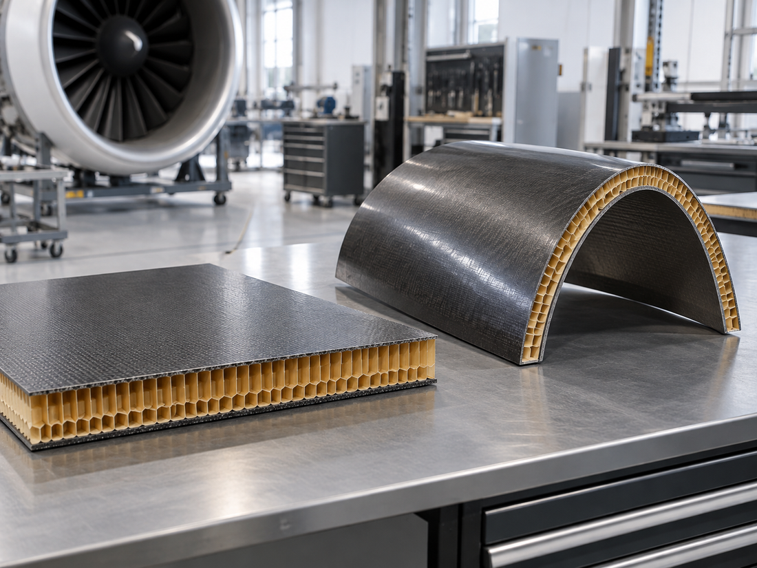 A honeycomb composite panel and aircraft component in an engineering workshop.