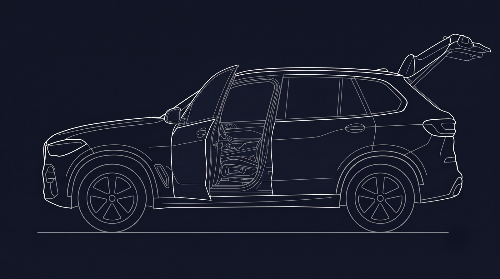 SUV with front door open and liftgate raised, showing the two damage zones: door sill and trunk lip